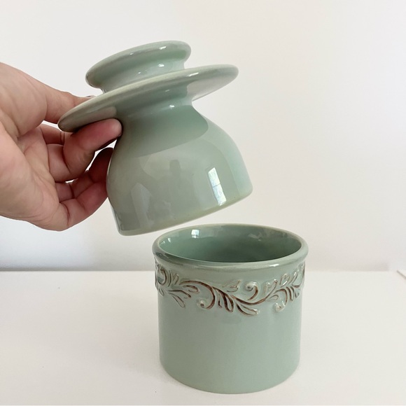 Butter Bell Crock Sea Spray Antique Green w Vining Details Ceramic French Keeper - Picture 7 of 8